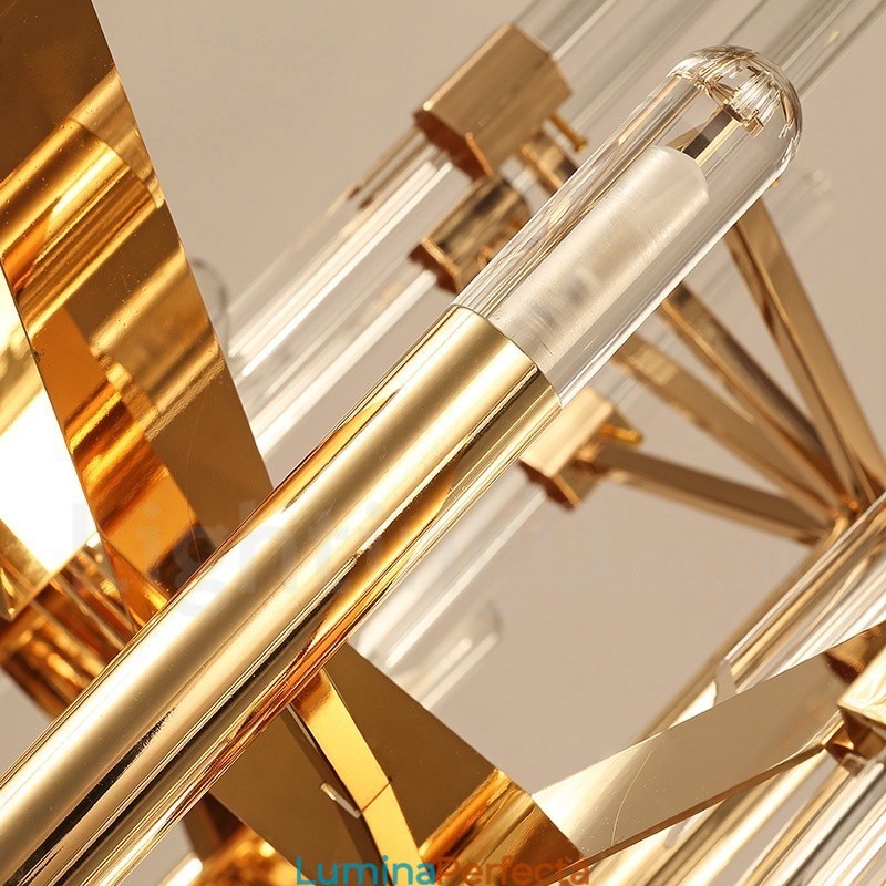 Candelabru modern, contemporan, din aliaj de aluminiu, cu 18 lumini, cu abajur de cristal