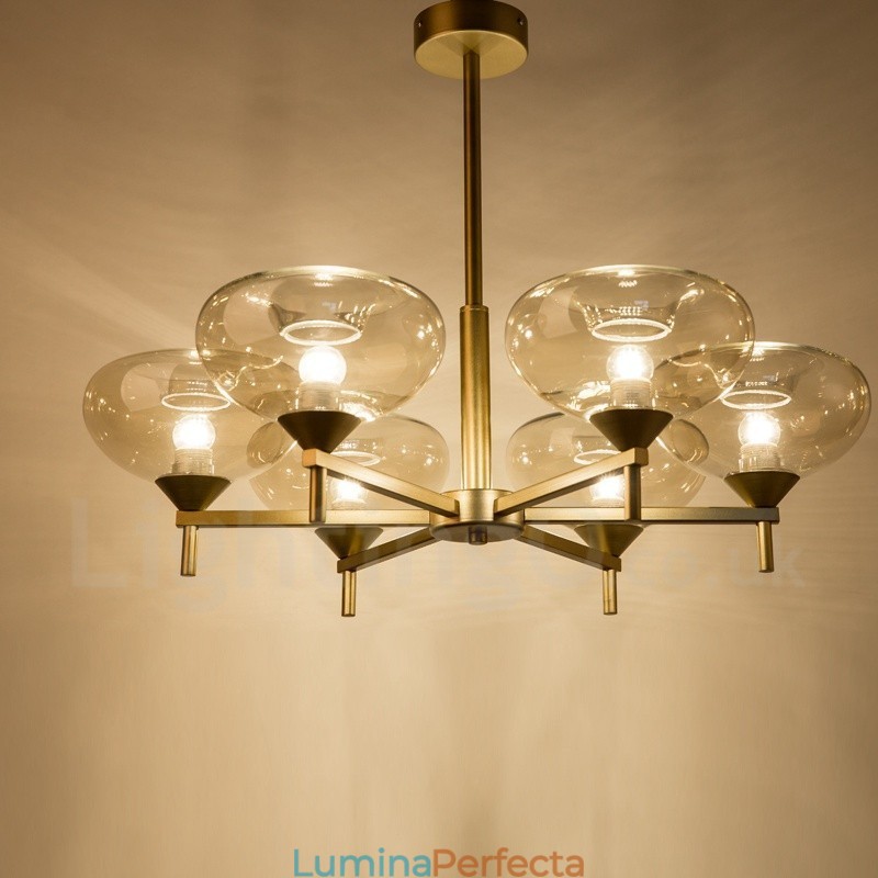 Candelabru modern contemporan cu 6 lumini din aliaj de aluminiu cu abajur din sticlă