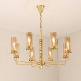 Candelabru modern contemporan din alamă cu 8 lumini și abajur din sticlă