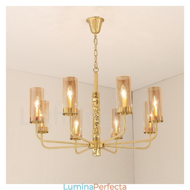 Candelabru modern contemporan din alamă cu 8 lumini și abajur din sticlă