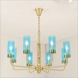 Candelabru modern contemporan din alamă cu 8 lumini și abajur din sticlă