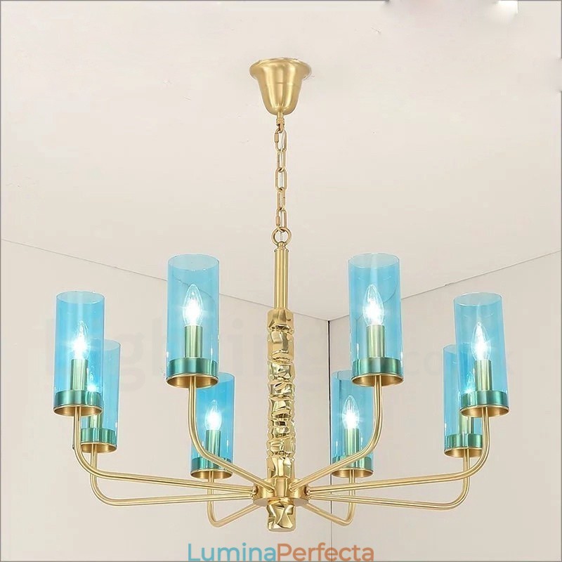Candelabru modern contemporan din alamă cu 8 lumini și abajur din sticlă