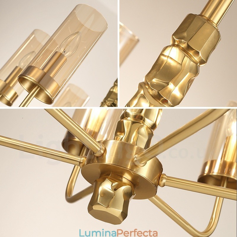 Candelabru modern contemporan din alamă cu 8 lumini și abajur din sticlă