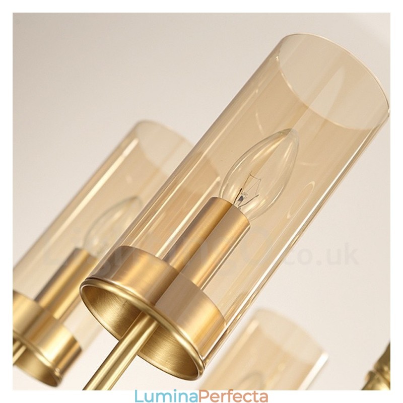 Candelabru modern contemporan din alamă cu 8 lumini și abajur din sticlă