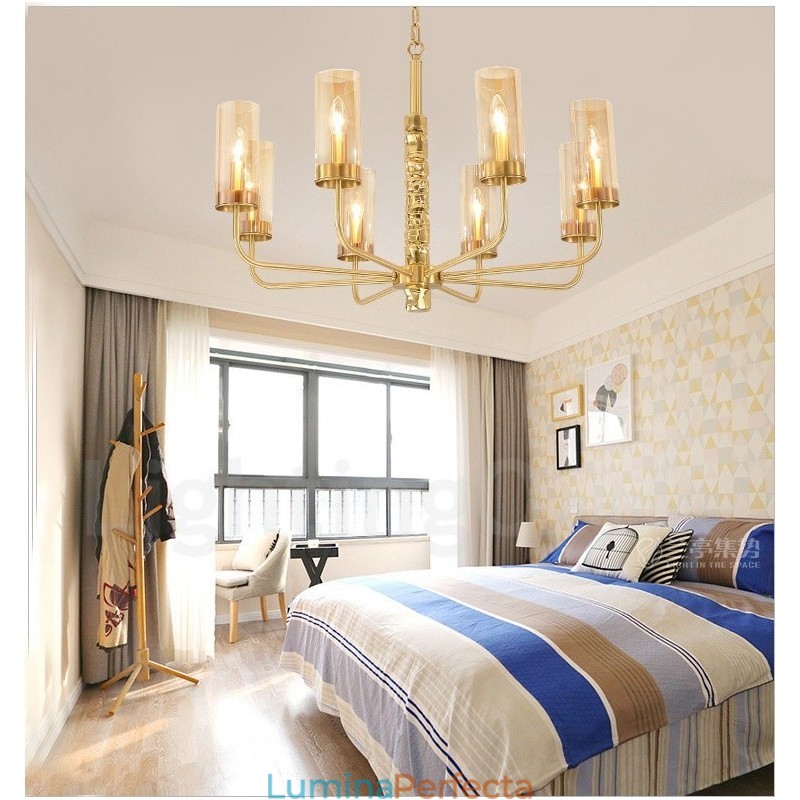 Candelabru modern contemporan din alamă cu 8 lumini și abajur din sticlă