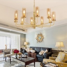 Candelabru modern, contemporan, din alamă, cu 10 lumini, cu abajur din sticlă