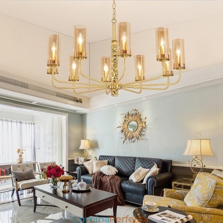 Candelabru modern, contemporan, din alamă, cu 10 lumini, cu abajur din sticlă Candelabru modern, contemporan, din alamă, cu 10 lumini, cu abajur din sticlă