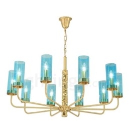Candelabru modern, contemporan, din alamă, cu 10 lumini, cu abajur din sticlă