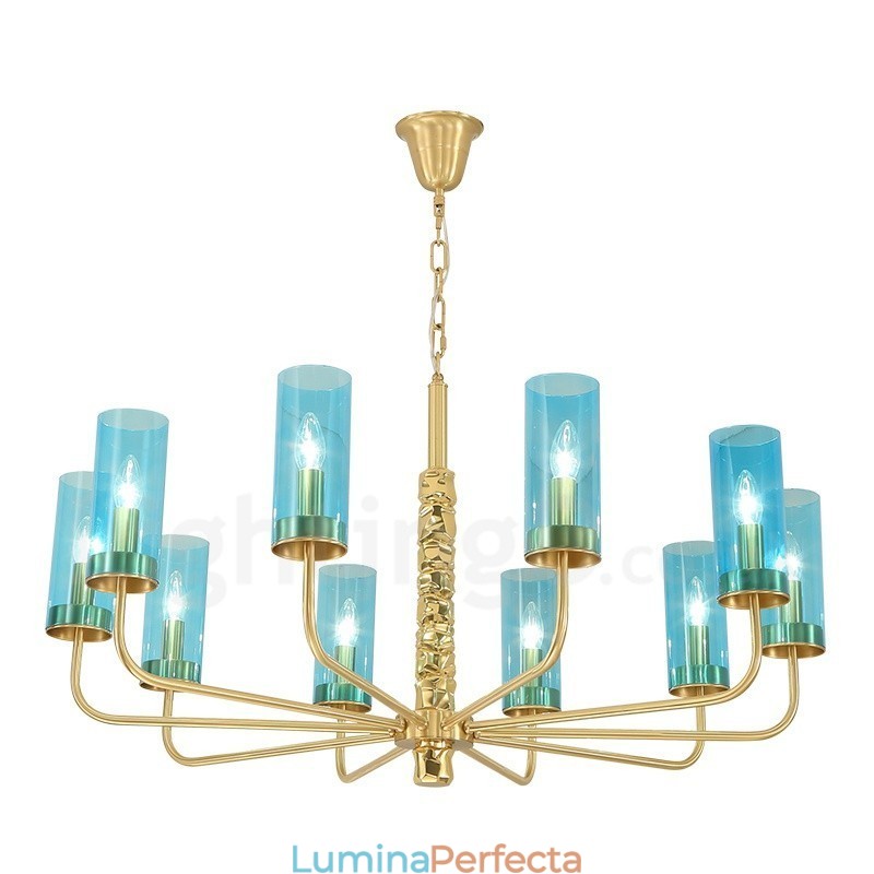 Candelabru modern, contemporan, din alamă, cu 10 lumini, cu abajur din sticlă