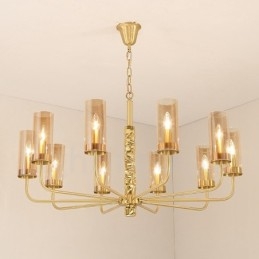 Candelabru modern, contemporan, din alamă, cu 10 lumini, cu abajur din sticlă