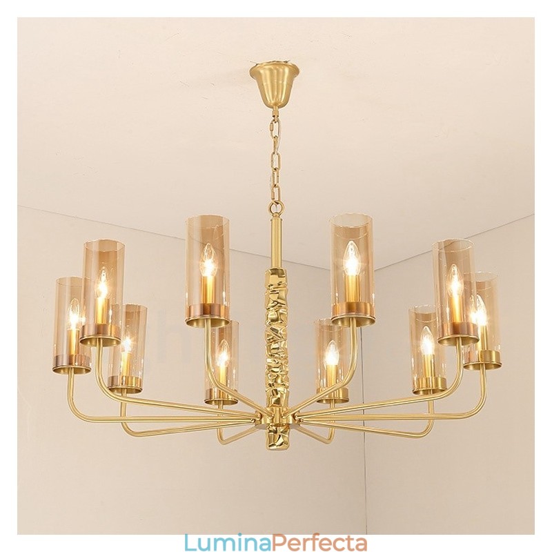 Candelabru modern, contemporan, din alamă, cu 10 lumini, cu abajur din sticlă
