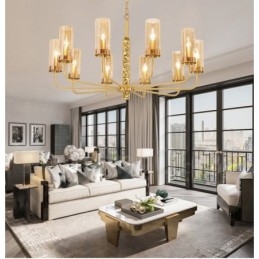Candelabru modern, contemporan, din alamă, cu 10 lumini, cu abajur din sticlă