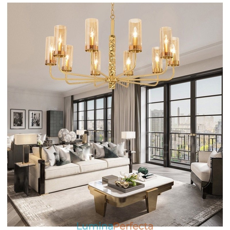 Candelabru modern, contemporan, din alamă, cu 10 lumini, cu abajur din sticlă