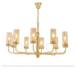 Candelabru modern, contemporan, din alamă, cu 10 lumini, cu abajur din sticlă
