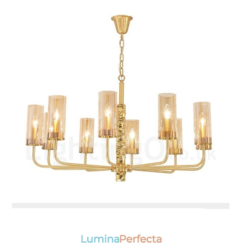 Candelabru modern, contemporan, din alamă, cu 10 lumini, cu abajur din sticlă