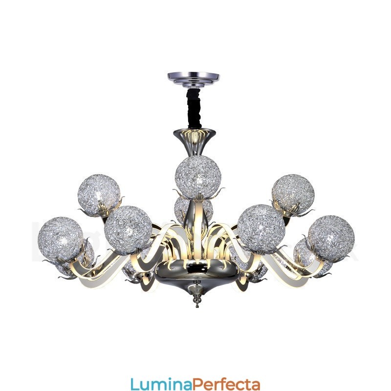 Candelabru din oțel modern și contemporan cu 12 lumini, cu abajur din aliaj de aluminiu