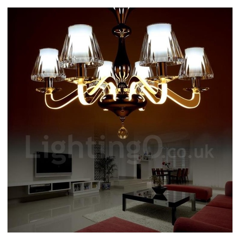 Candelabru din oțel modern și contemporan cu 6 lumini, cu abajur din sticlă