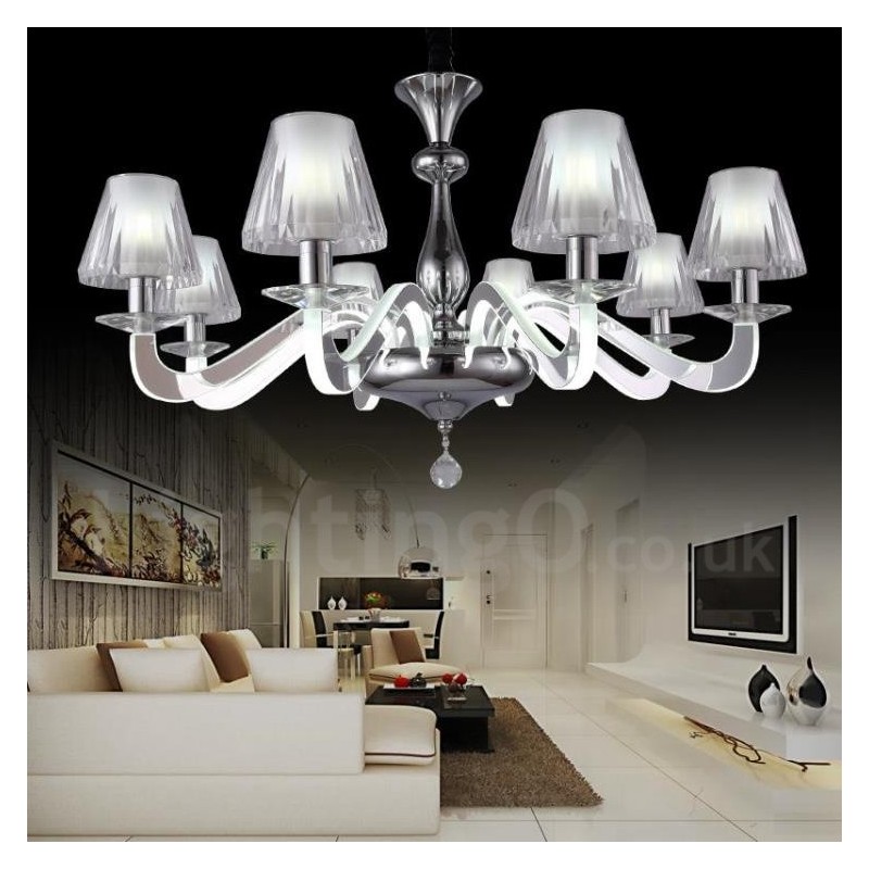 Candelabru din oțel modern și contemporan cu 6 lumini, cu abajur din sticlă