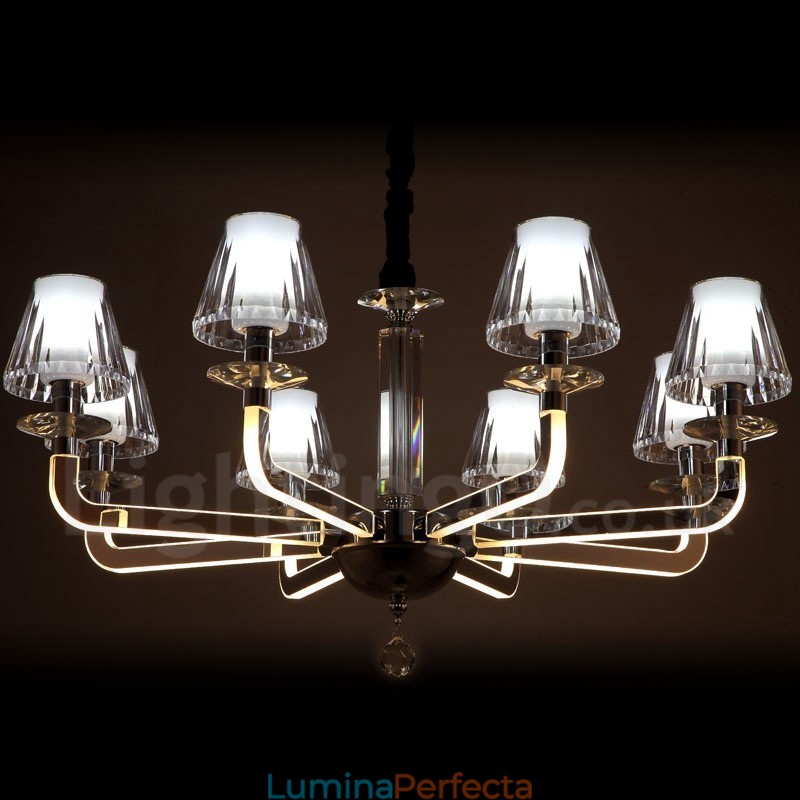 Candelabru din cristal, modern și contemporan, cu 8 lumini, cu abajur din sticlă