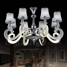 Candelabru din oțel modern și contemporan cu 8 lumini, cu abajur din sticlă
