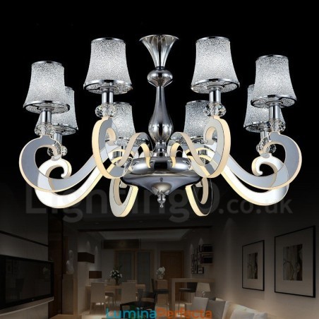 Candelabru din oțel modern și contemporan cu 8 lumini, cu abajur din sticlă Candelabru din oțel modern și contemporan cu 8 lumini, cu abajur din sticlă