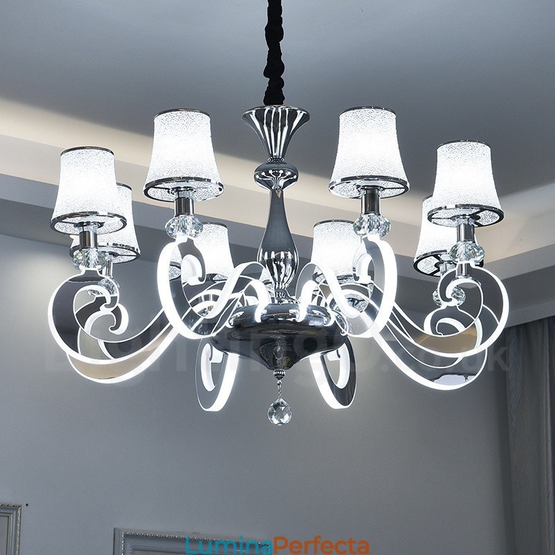 Candelabru din oțel modern și contemporan cu 8 lumini, cu abajur din sticlă
