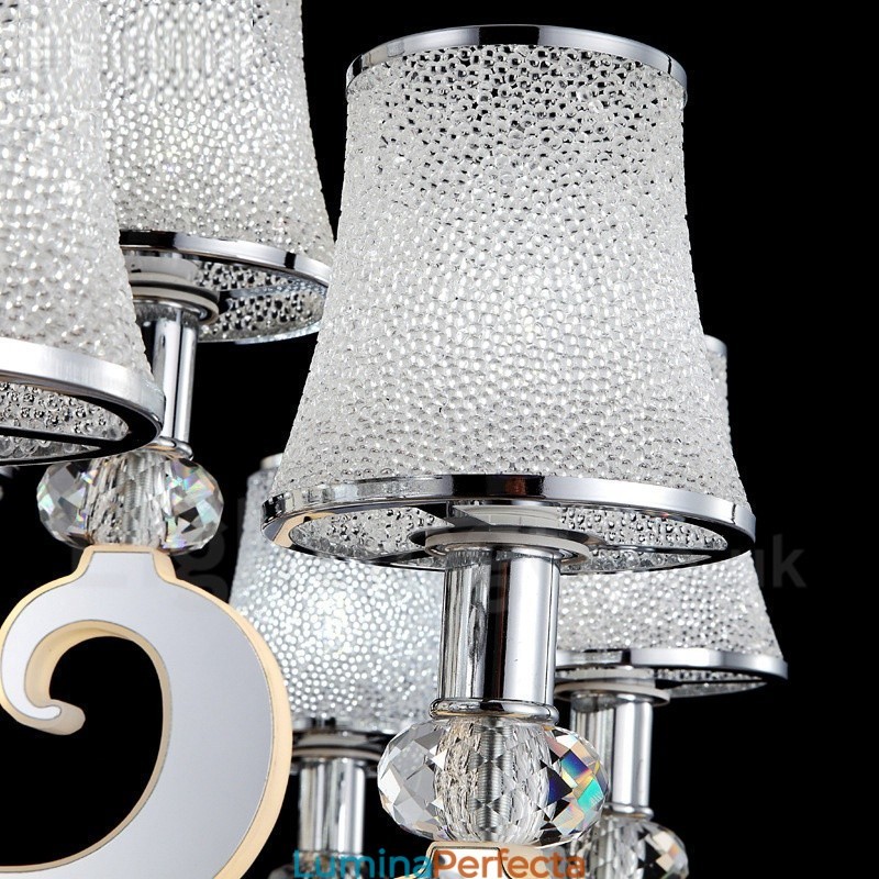 Candelabru din oțel modern și contemporan cu 8 lumini, cu abajur din sticlă