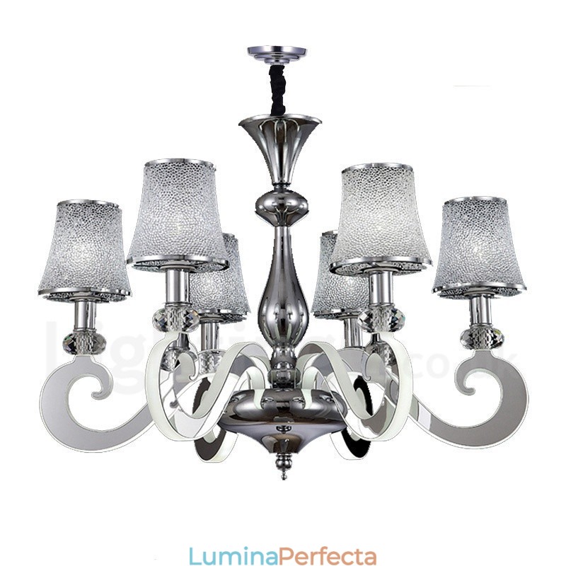 Candelabru din oțel, modern și contemporan, cu 6 lumini, cu abajur din sticlă