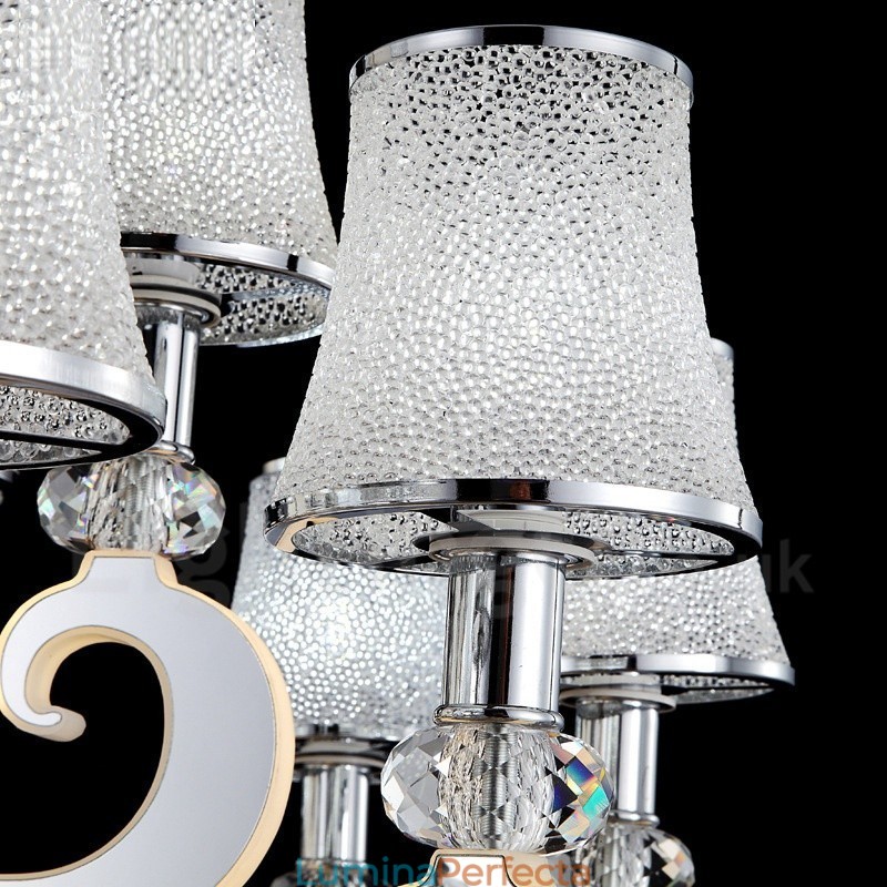 Candelabru din oțel, modern și contemporan, cu 6 lumini, cu abajur din sticlă