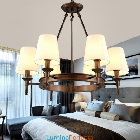 Lampă de suspendare rustică nordică cu 6 lumini cu abajur din material textil Lampă de suspendare rustică nordică cu 6 lumini cu abajur din material textil
