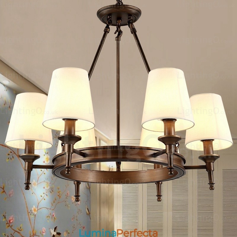Lampă de suspendare rustică nordică cu 6 lumini cu abajur din material textil