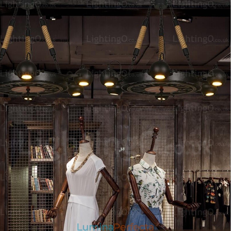 Lampă de suspendare vintage retro cu 6 lumini cu abajur din oțel inoxidabil