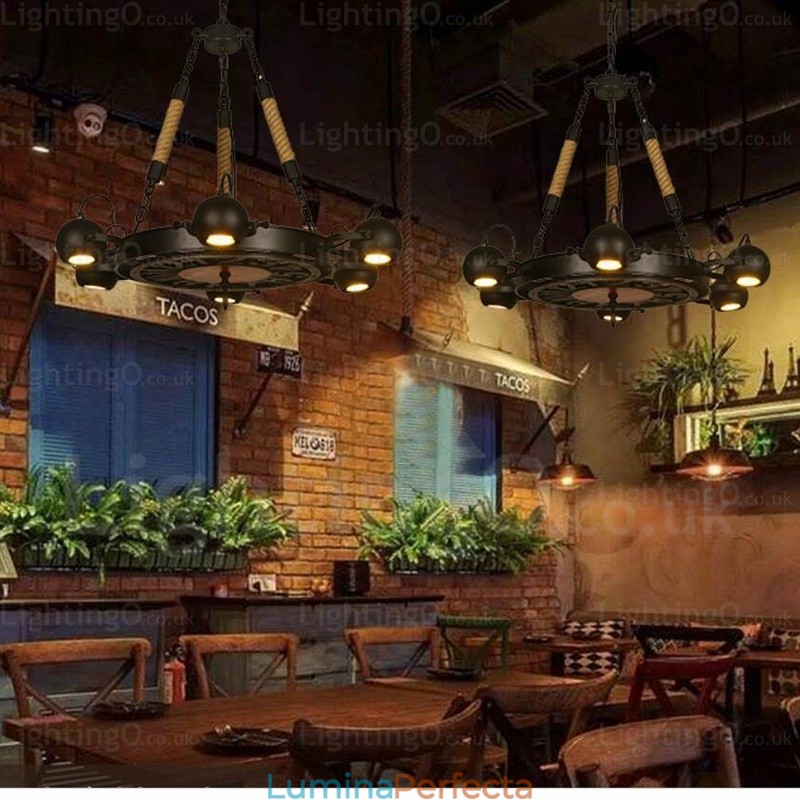 Lampă de suspendare vintage retro cu 6 lumini cu abajur din oțel inoxidabil