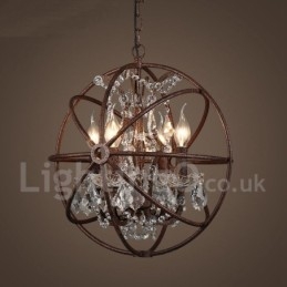 4 Lumini Diametru 40CM Vintage Glob de Cristal Pictura Candelabru din Metal Rusty Color Pendant Lampă