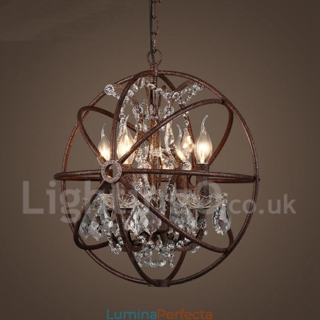 4 Lumini Diametru 40CM Vintage Glob de Cristal Pictura Candelabru din Metal Rusty Color Pendant Lampă
