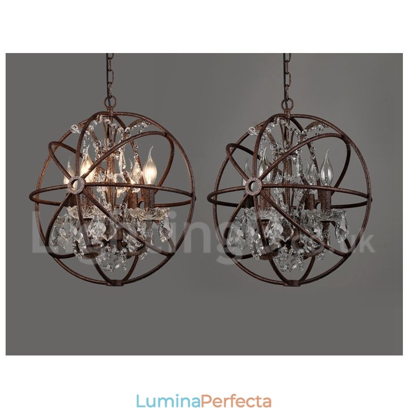 4 Lumini Diametru 40CM Vintage Glob de Cristal Pictura Candelabru din Metal Rusty Color Pendant Lampă