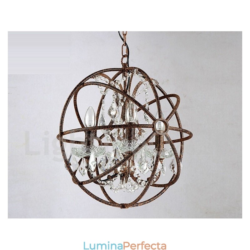 4 Lumini Diametru 40CM Vintage Glob de Cristal Pictura Candelabru din Metal Rusty Color Pendant Lampă