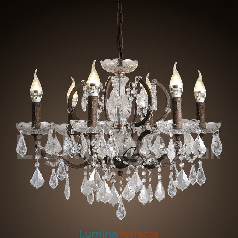 6 lumini diametru 60 cm candelabru din metal cu pictură de cristal vintage, culoare fier ruginit, lumina suspendată