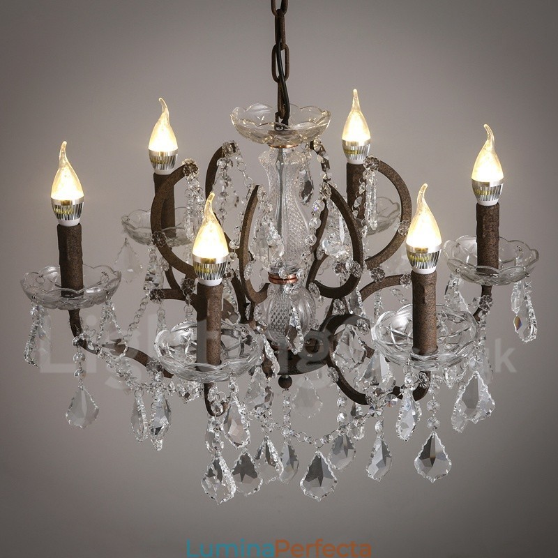 6 lumini diametru 60 cm candelabru din metal cu pictură de cristal vintage, culoare fier ruginit, lumina suspendată