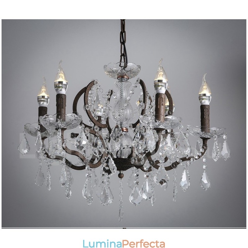 6 lumini diametru 60 cm candelabru din metal cu pictură de cristal vintage, culoare fier ruginit, lumina suspendată