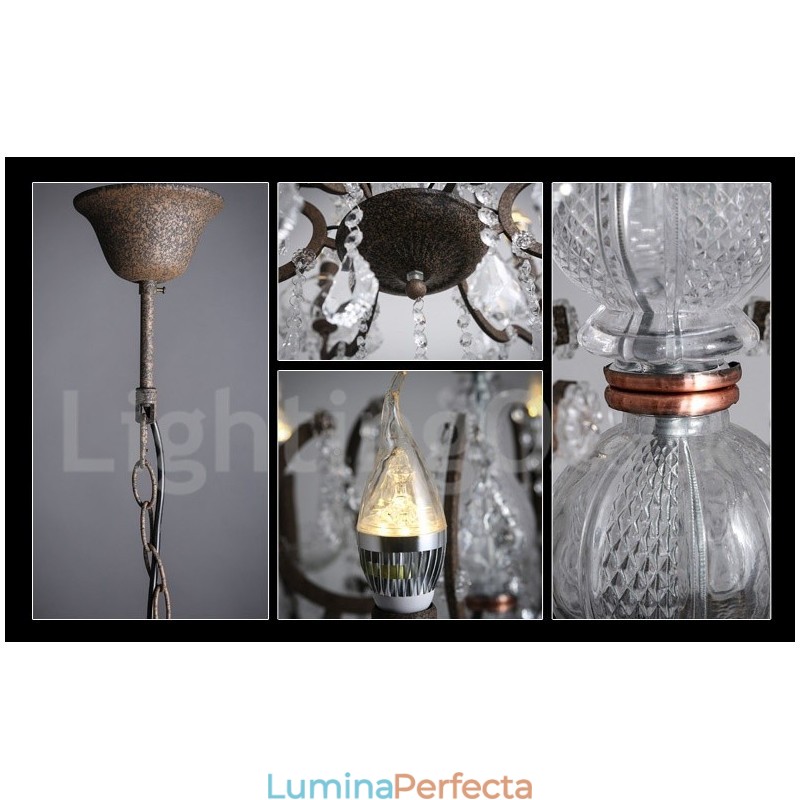 6 lumini diametru 60 cm candelabru din metal cu pictură de cristal vintage, culoare fier ruginit, lumina suspendată