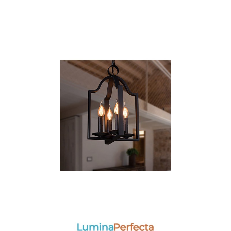 Lampă suspendată cu 4 lumini, vintage, minimalistă, cu pictură din fier