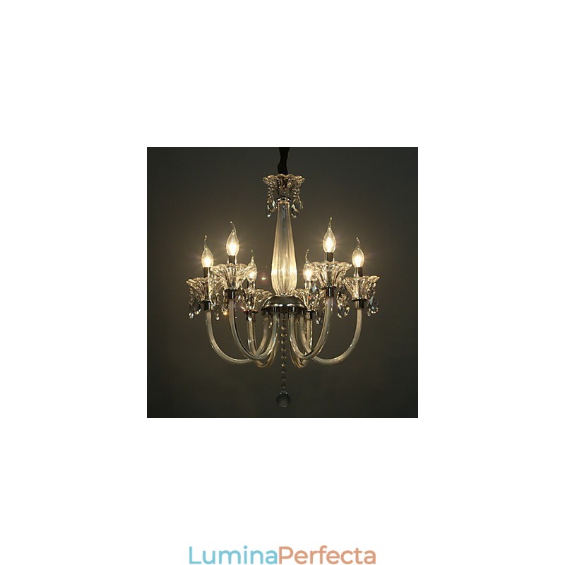 Candelabru American Style Lodge 6 Lumini Cu Abajur De Sticlă