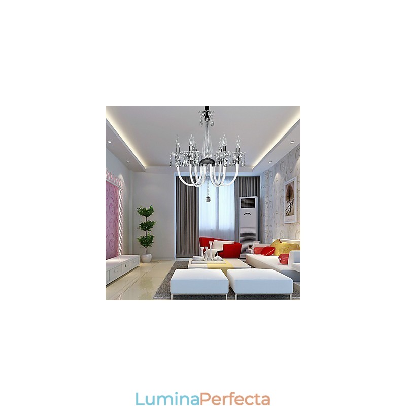 Candelabru American Style Lodge 6 Lumini Cu Abajur De Sticlă