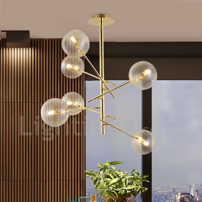 Candelabru cu lampă nordică cu 6 lumini Candelabru cu fasole magică, creativ, retro, de fier, bilă de sticlă