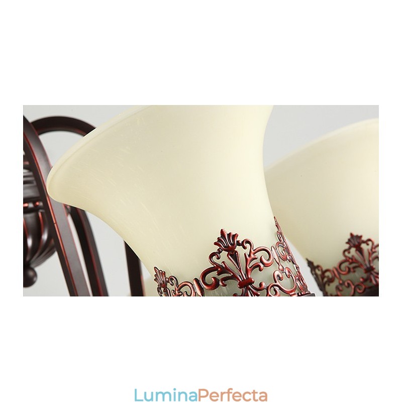 Candelabru din metal cu 24 de lumini tavan înalt, vintage, cu pictură pe insulă, cu abajururi de sticlă. Tavan înalt