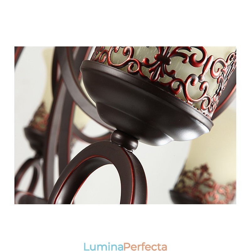 Candelabru din metal cu 24 de lumini tavan înalt, vintage, cu pictură pe insulă, cu abajururi de sticlă. Tavan înalt