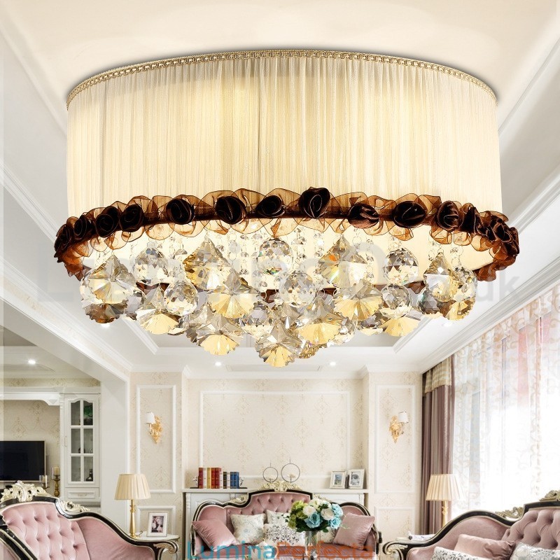 Plafoniere din cristal, rotunde, moderne, moderne, de 50 cm, abajur din material textil