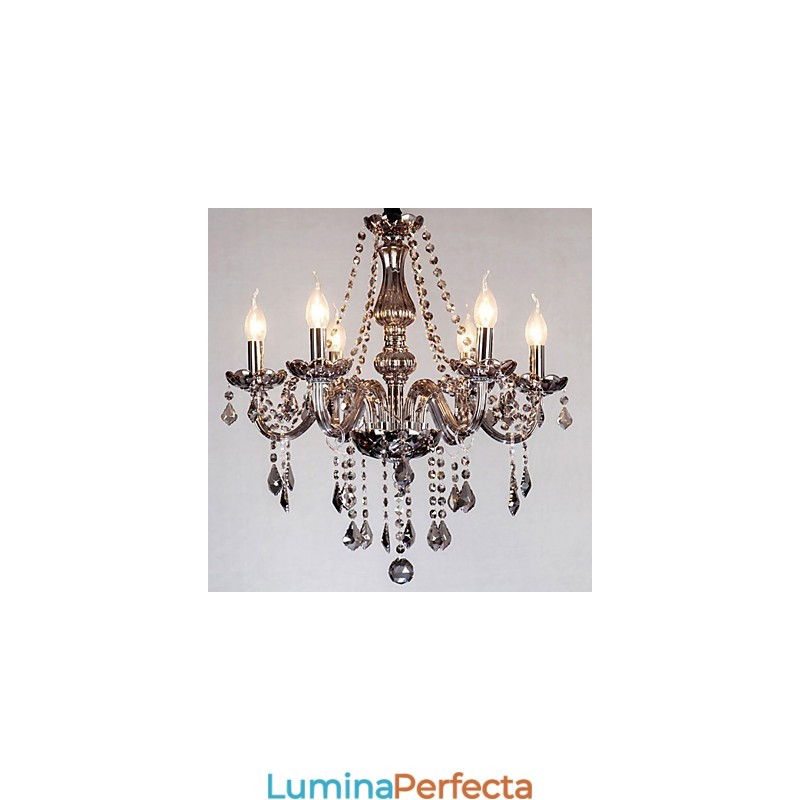 Candelabru din cristal european cu 6 lumini, sticlă și cristal de culoare gri