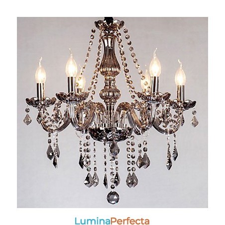 Candelabru din cristal european cu 6 lumini, sticlă și cristal de culoare gri